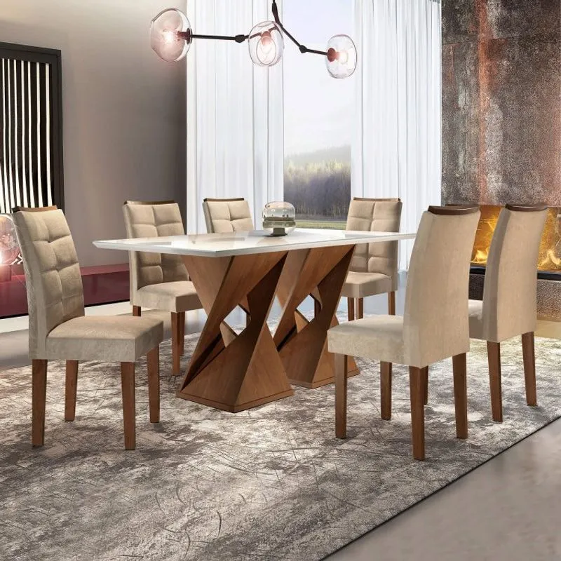 Conjunto Mesa Genova Tampo Slim Vidro Plus 6 Cadeiras Napoles Cel Móveis Chocolate/Suede Pena
