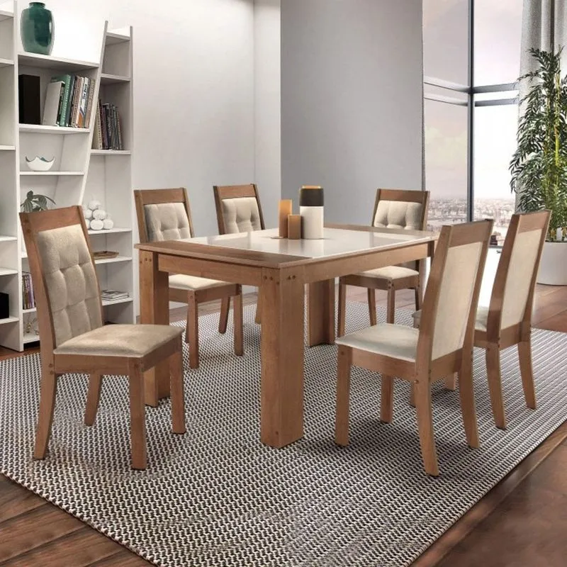 Conjunto Mesa Turim Vidro 6 Cadeiras Diamante Cel Móveis Chocolate/Suede Pena