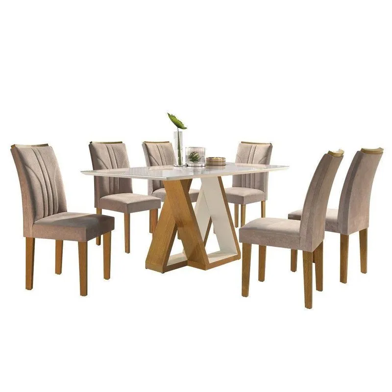 Conjunto Sala De Jantar Mesa Laguna Tampo Slim Vidro 6 Cadeiras Ipê Com Off White E Suede Pena Cinza