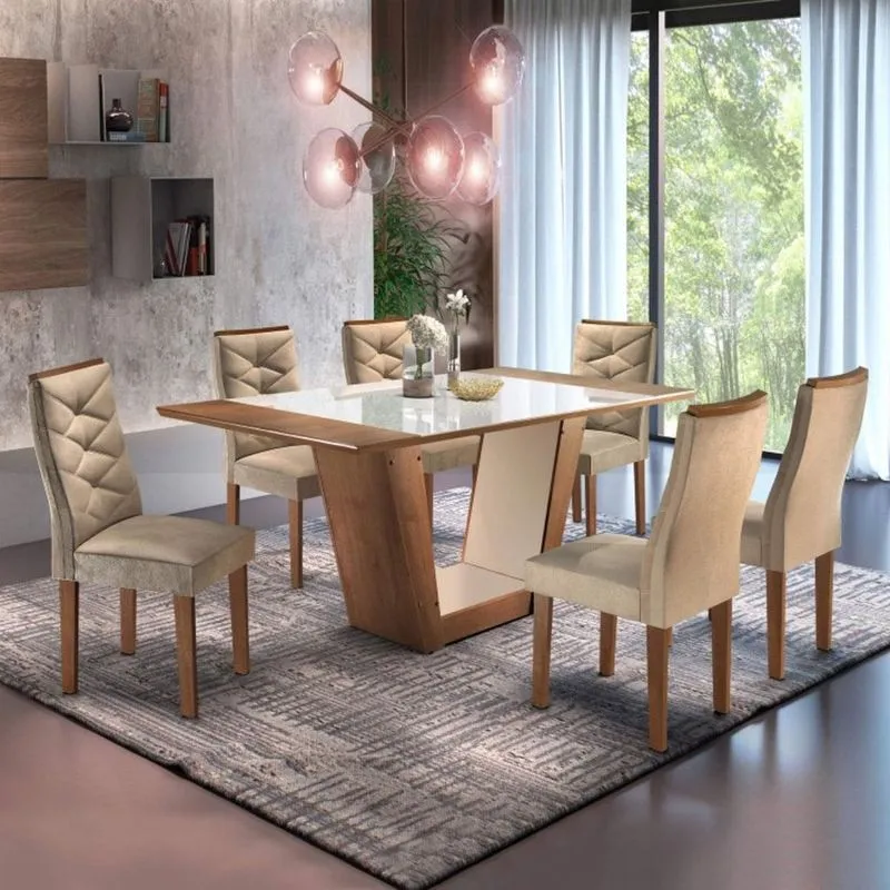 Conjunto Sala de Jantar Mesa Tampo Soft Vidro Ibiza 6 Cadeiras Germany Espresso Móveis