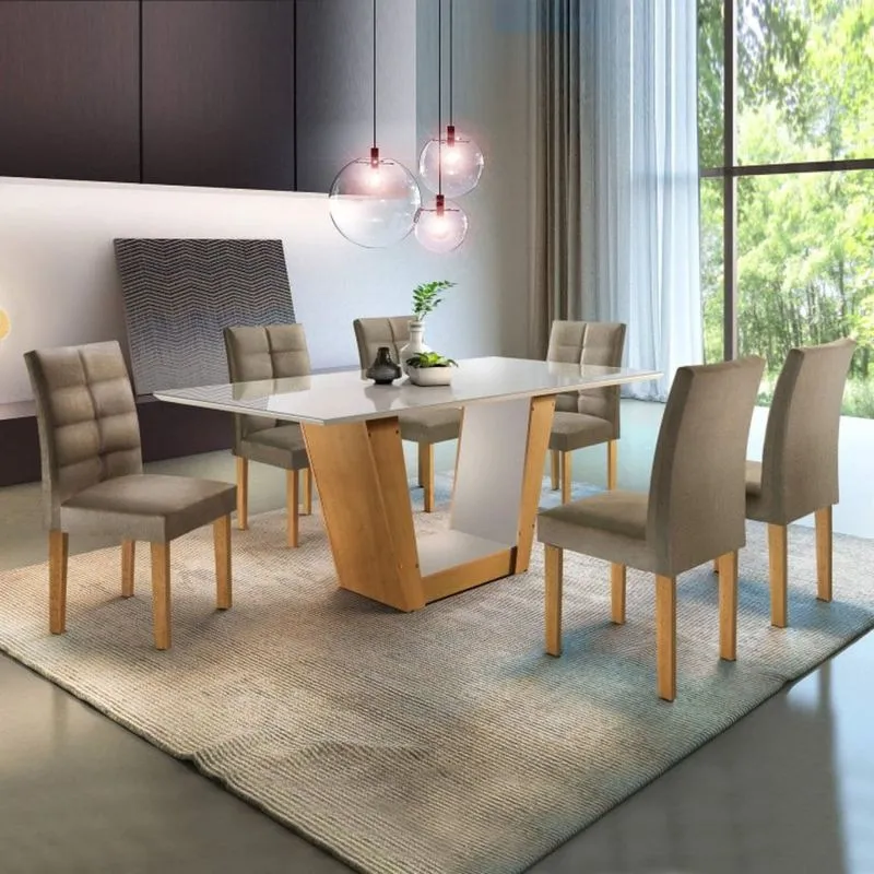 Conjunto Mesa Ibiza Tampo Slim Vidro Plus 6 Cadeiras Ibiza Cel Móveis Ype/Off White/Jacar