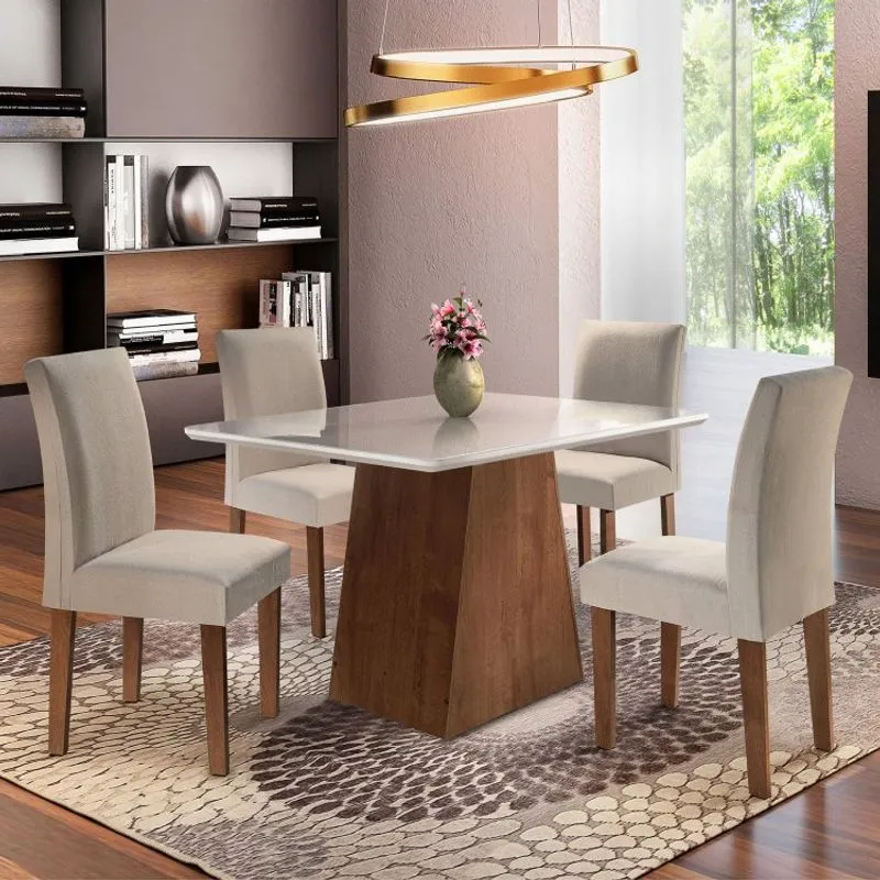 Conjunto Mesa Arezo Tampo Smart Vidro Plus 4 Cadeiras Espanha Chocolate/Linho