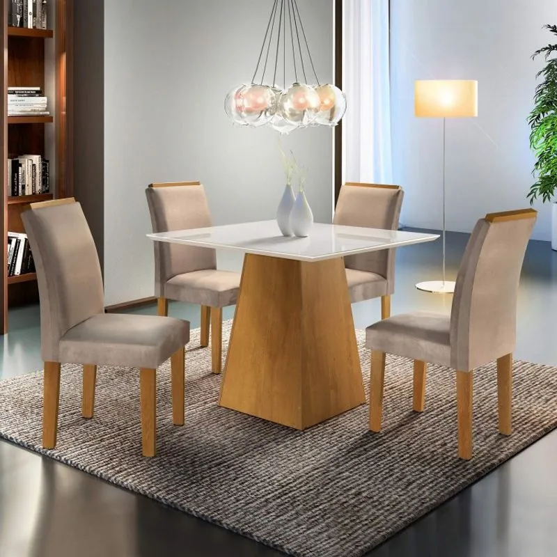 Conjunto Mesa Arezo Tampo Slim Vidro Plus 4 Cadeiras Arezo Ypê/Suede Animale Bege