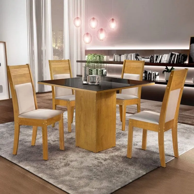 Conjunto Mesa Madri Vidro 4 Cadeiras Galathas Ypê/Suede Animale Cru