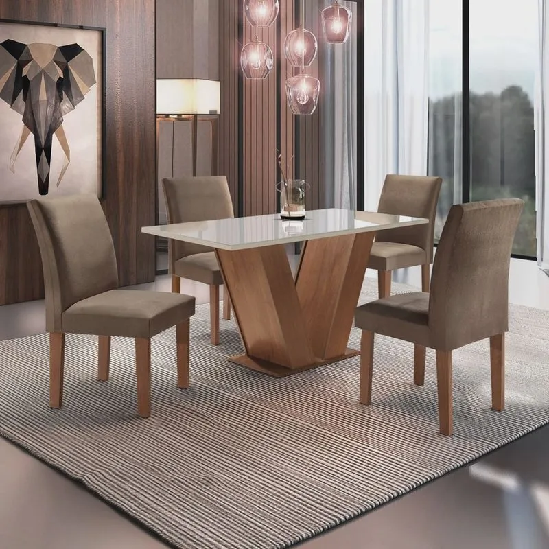 Conjunto Sala de Jantar Mesa Tampo de Vidro 4 Cadeiras Espanha Espresso Móveis Chocolate