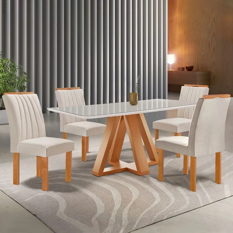 Mesa De Jantar 4 Lugares Kyra/arizona Com Vidro Cinamomo/off White/suede Bege -