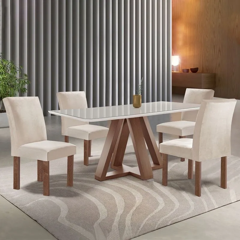 Mesa De Jantar 4 Lugares Kyra/canela Com Vidro Chocolate/off White/suede Bege -