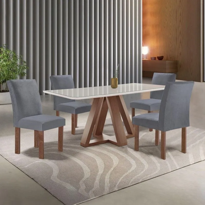 Conjunto Sala de Jantar Kyra 4 Lugares Tampo Vidro Cadeiras Veludo Grafite 120CM Cel Móveis