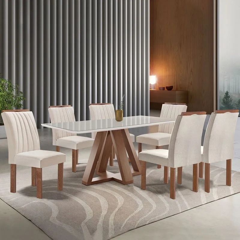 Mesa De Jantar 6 Lugares Kyra/arizona Com Vidro Chocolate/off White/suede Bege -