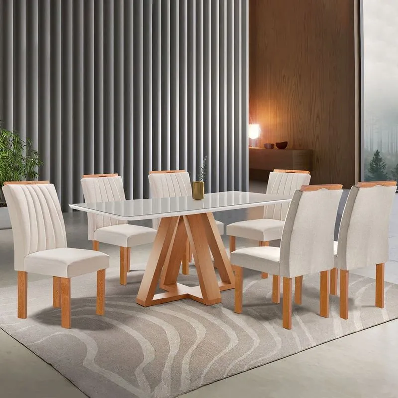 Mesa De Jantar 6 Lugares Kyra/arizona Com Vidro Cinamomo/off White/suede Bege -