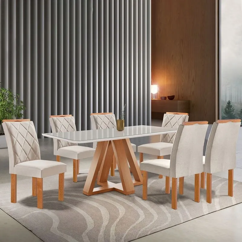 Mesa De Jantar 6 Lugares Kyra/arthus Com Vidro Cinamomo/off White/suede Bege -