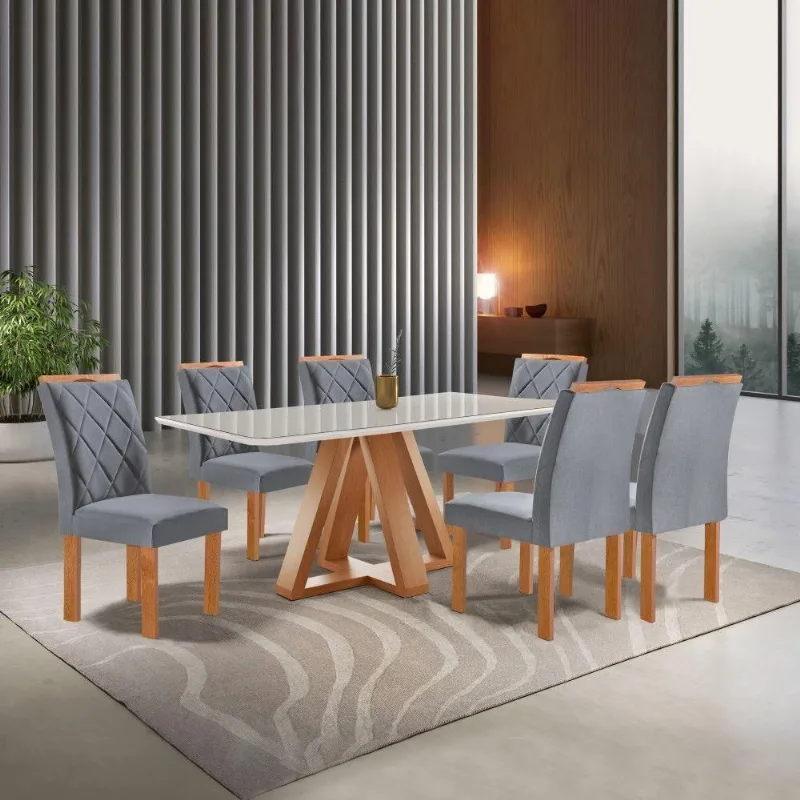 Mesa Kyra 6 Cadeiras Arthus Tampo Smart Plus Vidro Cinamomo/off White/veludo Grafite