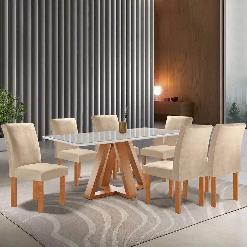 Mesa De Jantar 6 Lugares Kyra/canela Com Vidro Cinamomo/off White/suede Cru -