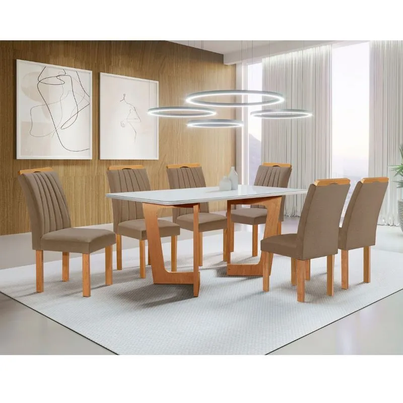 Conjunto Sala de Jantar Mesa 160cm com Tampo de Vidro Londres 6 Cadeiras Dubai Cel Móveis