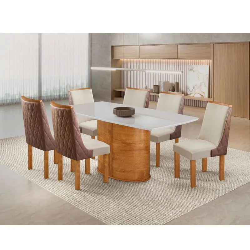 Conjunto Sala de Jantar Mesa 180cm Premium com Tampo de Vidro com 6 Cadeiras Estofada Corino e Linho Montreal Cel Móveis