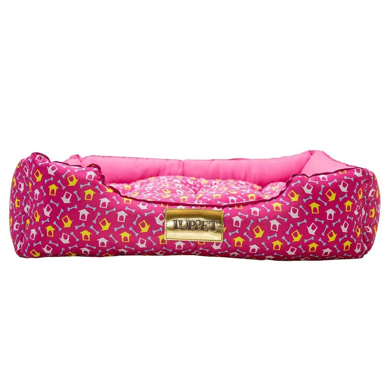 Cama Retangular para Cachorro ou Gato Luppet Luxo Rosa Ossinhos GG