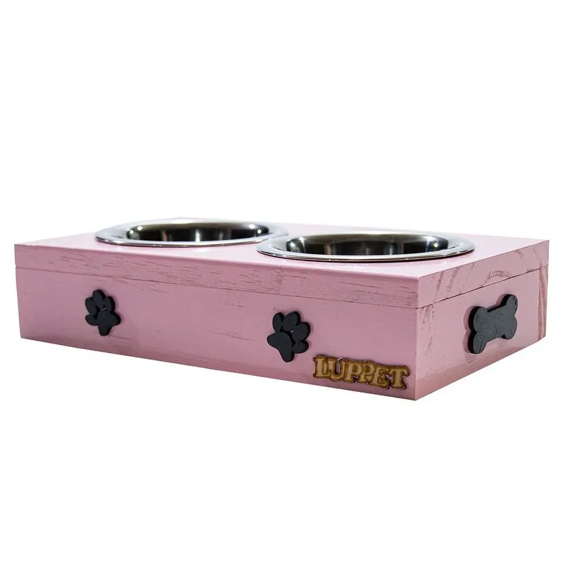 Comedouro Com Patinhas De Madeira E Potes Inox Para Cachorro Rosa