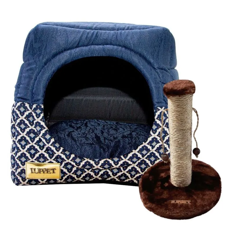 Cama Iglu e Toca Para Cachorro Luxo com Arranhador Luppet Marinho Geometrico G