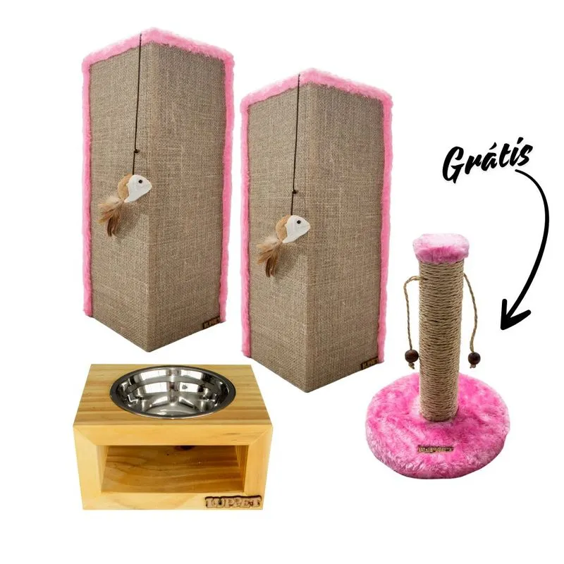 Kit 2 Arranhadores Canto de Sofá + comedouro e Arranhador Bolinha Para Gatos Luppet Rosa