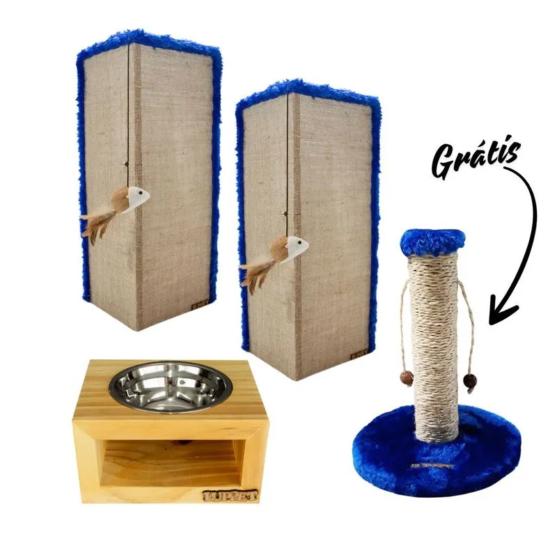 Kit 2 Arranhadores Canto de Sofá + comedouro e Arranhador Bolinha Para Gatos Luppet Azul