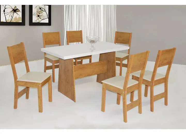 Conjunto Mesa Sao Carlos Destak 135x68 C/6 Cad. Milena Frejo/Off White - Tec. Bagum Bege