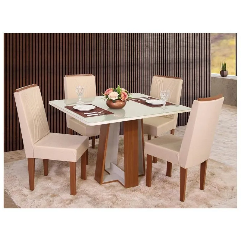 Mesa de Jantar 4 Cadeiras Retangular Naturalle e Off-White Tampo de Vidro Laís Móveis São Carlos