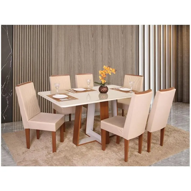 Mesa de Jantar 6 Cadeiras Móveis São Carlos Laís MDF e Vidro Off-White