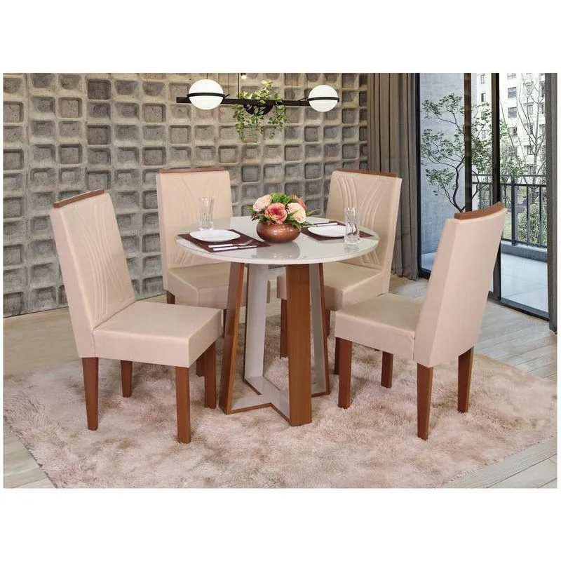 Mesa de Jantar Redonda 4 Cadeiras Estofadas Móveis São Carlos Laís MDF e Vidro Off-White