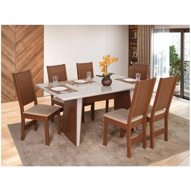 Mesa de Jantar 6 Cadeiras Retangular Naturalle e Off-White Tampo de MDF Verona Móveis São Carlos