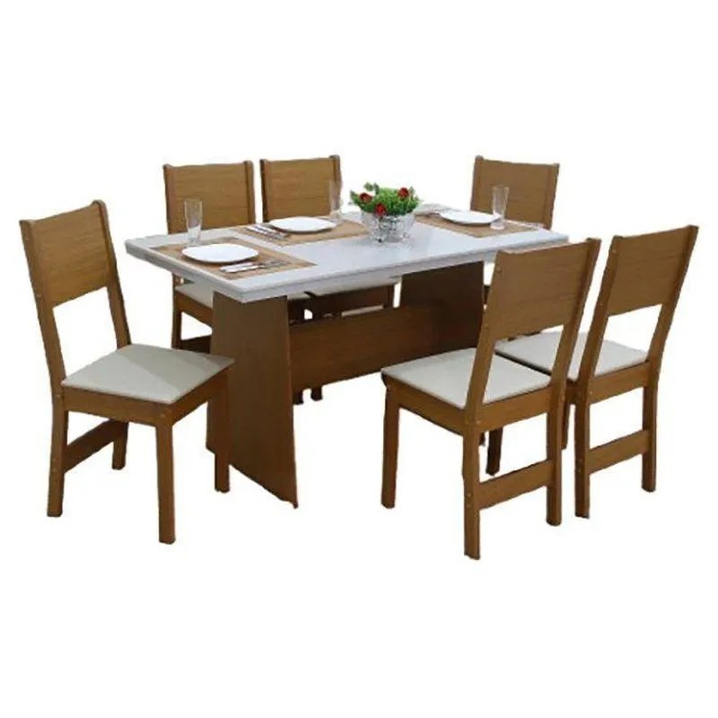 Mesa de Jantar com 6 Cadeiras Retangular Cinamomo/Off White Destak Móveis São Carlos