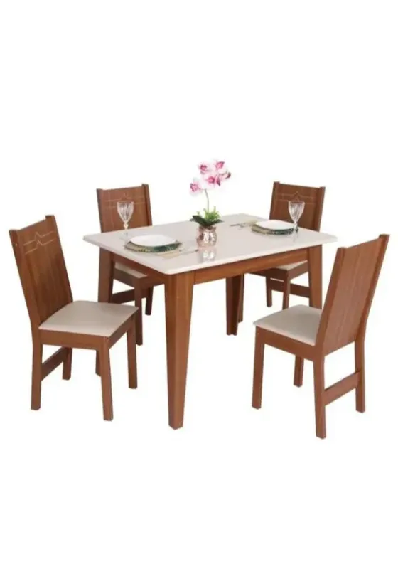 Conjunto Mesa Sao Carlos Giovana 90x90 C/4 Cad Elane Naturalle / Off White - Tec. Asgard Bege