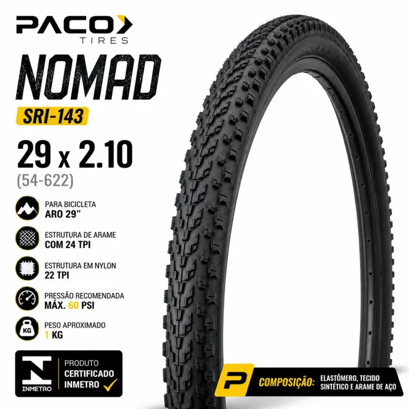 Pneu Bicicleta Mtb Paco Nomad Bike Aro 29 X 2.10 Balão meio cravo