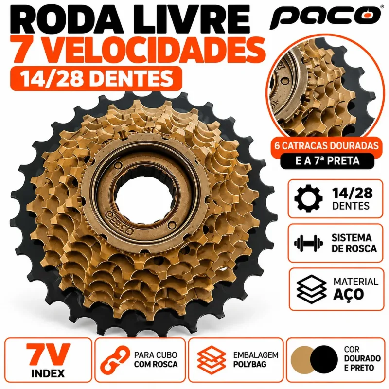 Roda Livre 7V 14/28D Index Dourada Preta Rosca Paco