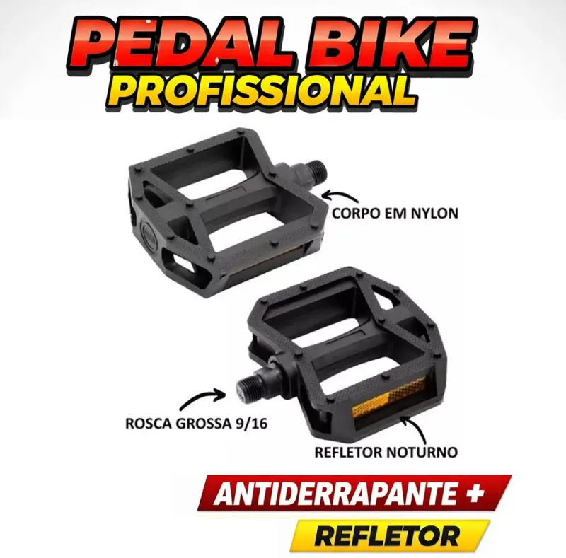 Pedal Bike Plataforma Nylon Paco 9/16 Rosca Grossa Antiderrapante com Refletor Par MTB BMX Speed Universal