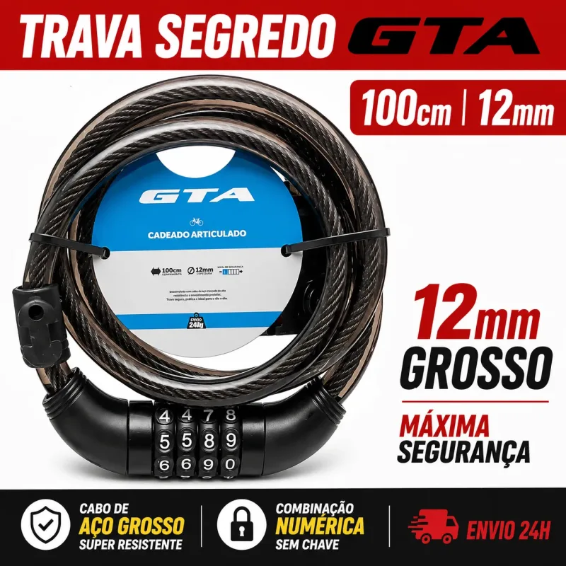 Tranca Trava Cadeado Grosso Bike E Moto Segredo 1000mmx12mm GTA