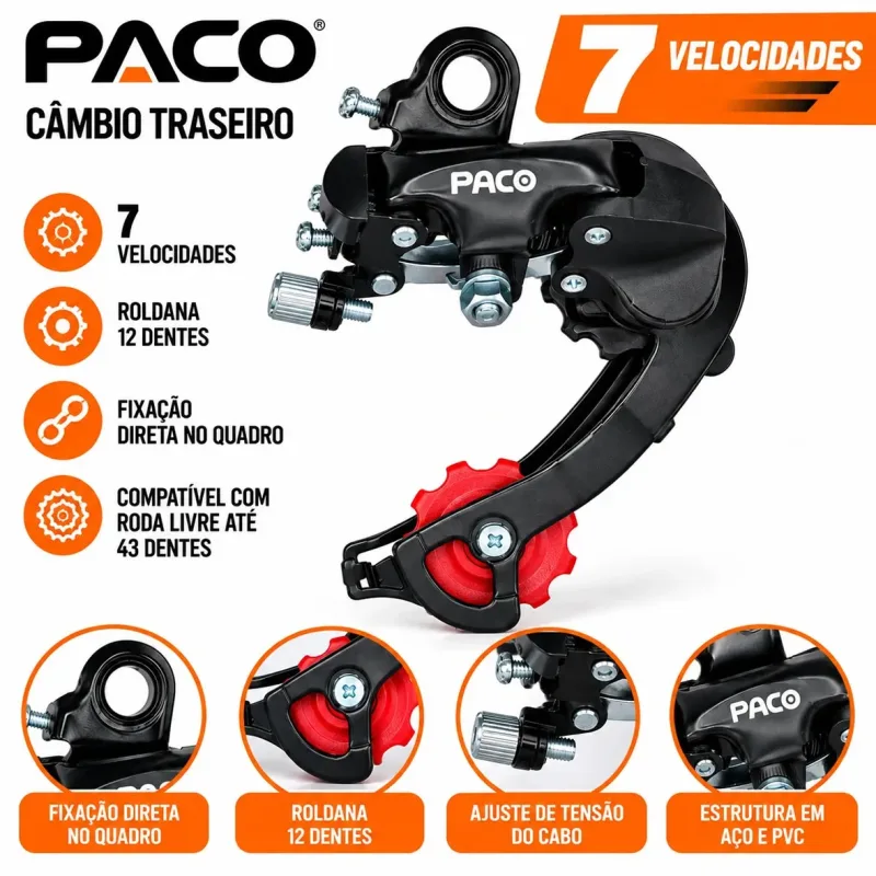 Câmbio Traseiro Bicicleta 7 Velocidades 12 Dentes Paco Preto