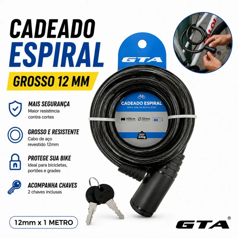 Cadeado Bicicleta GTA Espiral Aço 12mm x 1m Com Suporte e 2 Chaves Preto
