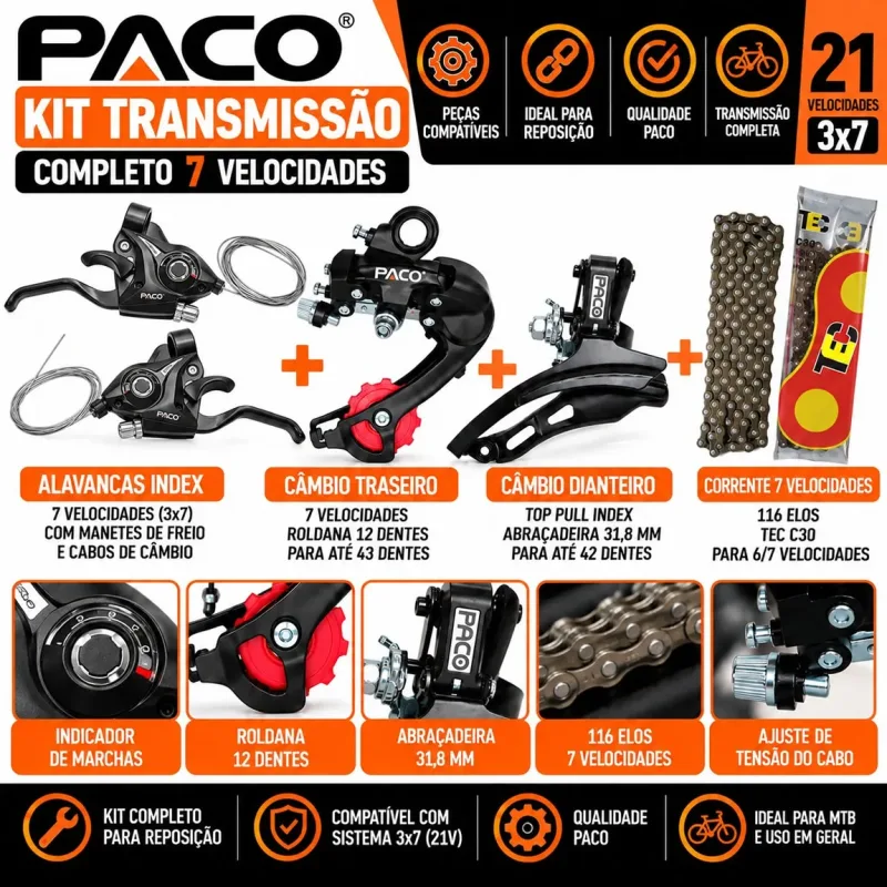 Kit Câmbio Paco 21V 3x7 V-Fire Dianteiro e Traseiro