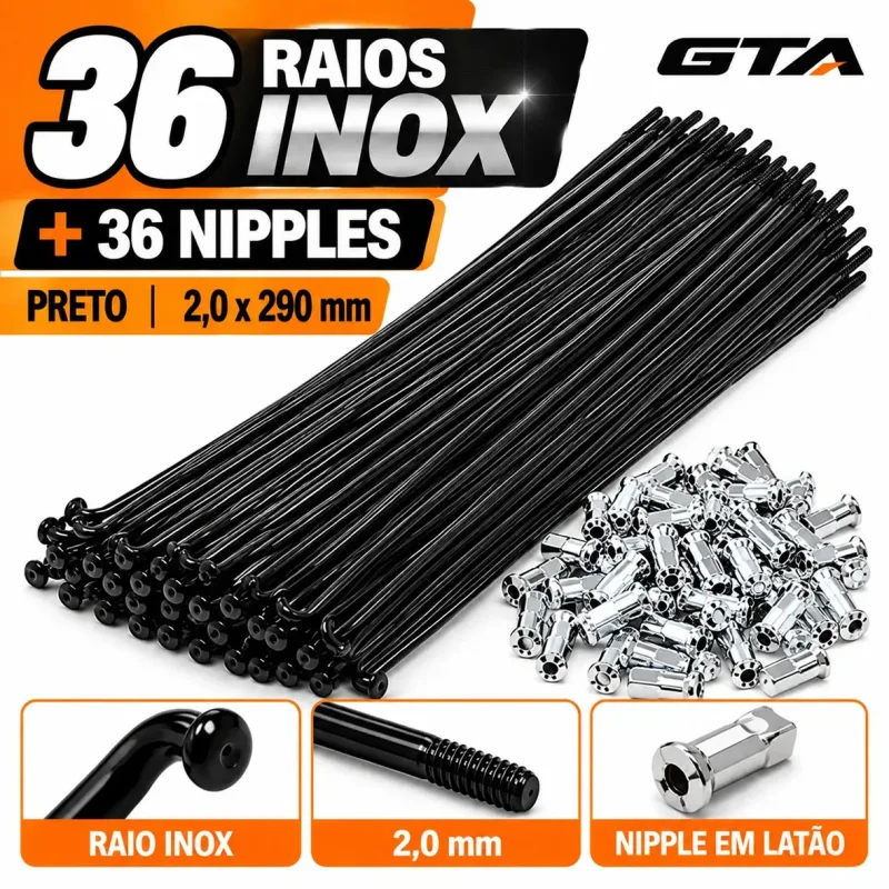 Raio Bicicleta INOX Preto 2,0 x 290mm GTA com Nipple Latão ? 72 Unidades