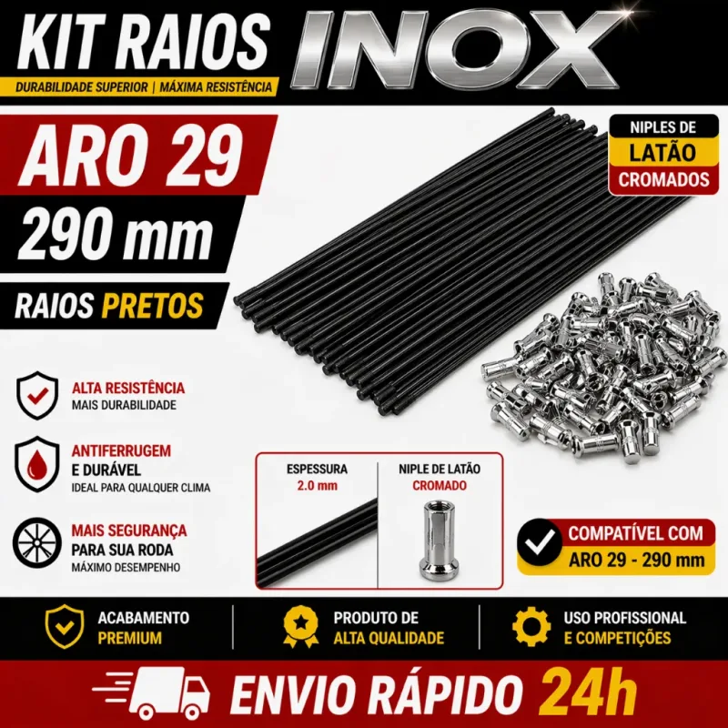 Raio Inox Preto Aro 29 290mm x 2.0 com Niple MTB