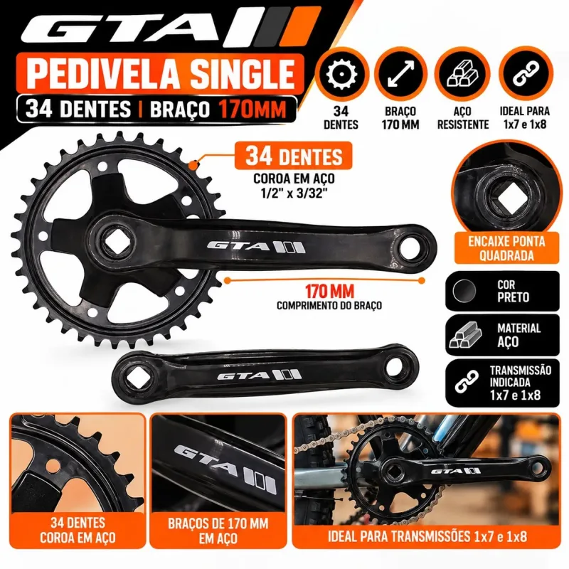 Pedivela Single GTA 34 Dentes Braço 170mm Aço Preto 1x7 1x8