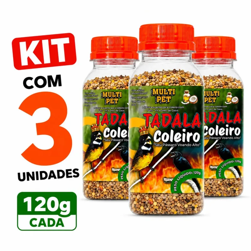 Kit 3 Ração Tadala Coleiro Óleo Coco 120g Mistura Quente Fert-Vit Coccidex Pássaro Papa capim baiano