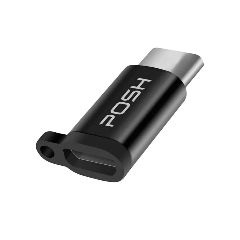 Adaptador Micro USB para USB C em Metal com Cordão para Cabo USB Preto - Posher