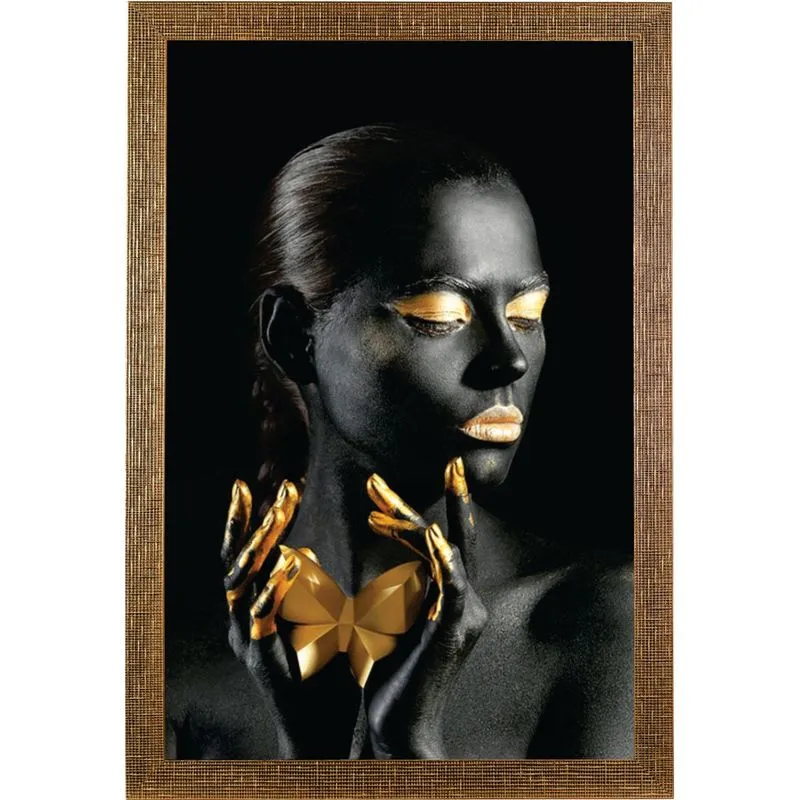 Quadro 60x90 Com Moldura Larga Mulher Mao Dourada - Preto 104 - Art Frame