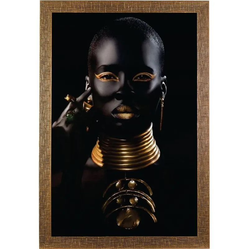 Quadro 60x90 Com Moldura Larga Mulher Colar Dourado - Preto 109 - Art Frame