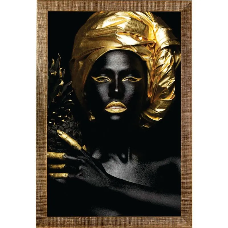 Quadro 60x90 Com Moldura Larga Mulher Lenço Dourado - Preto 110 - Art Frame