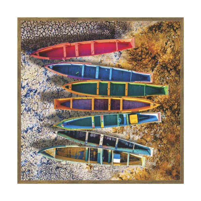 Quadro Canvas 40x40 Com Moldura Borda Infinita 7 Barcos Colorido - Art Frame