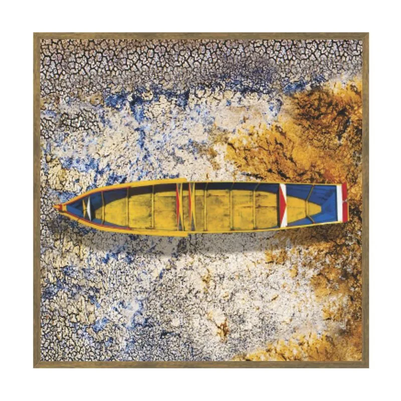 Quadro Canvas 40x40 Com Moldura Borda Infinita 1 Barco Amarelo E Azul - Art Frame