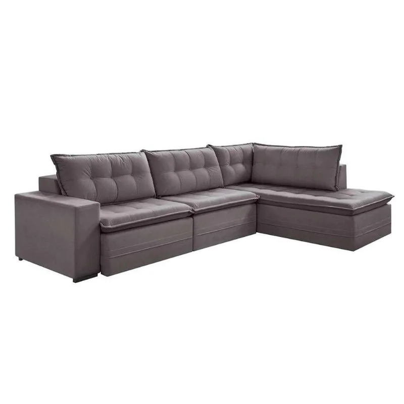 Sofá 5 Lugares Presidente com Chaise Direito Veludo Cinza 296 cm
