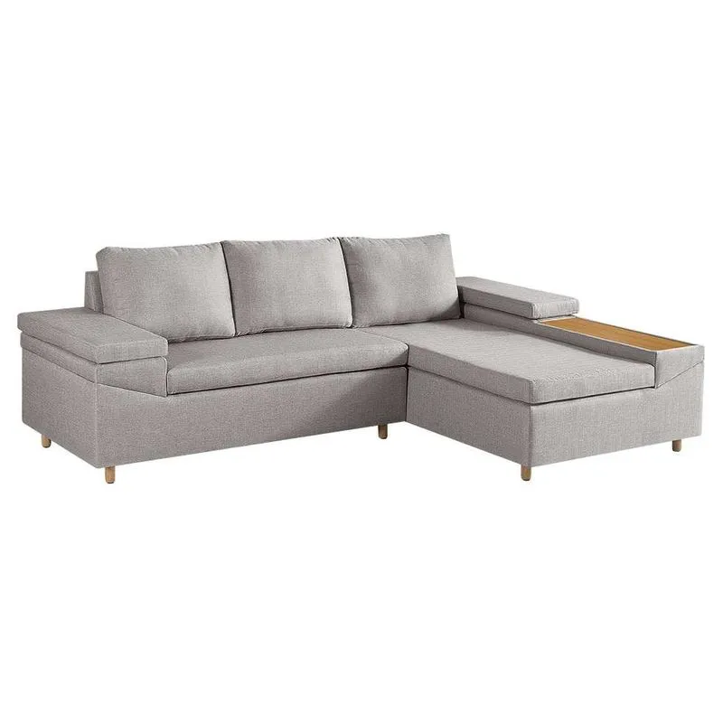 Sofá com Chaise Direito Clássico 4 Lugares Madeira Maciça Linho Bege
